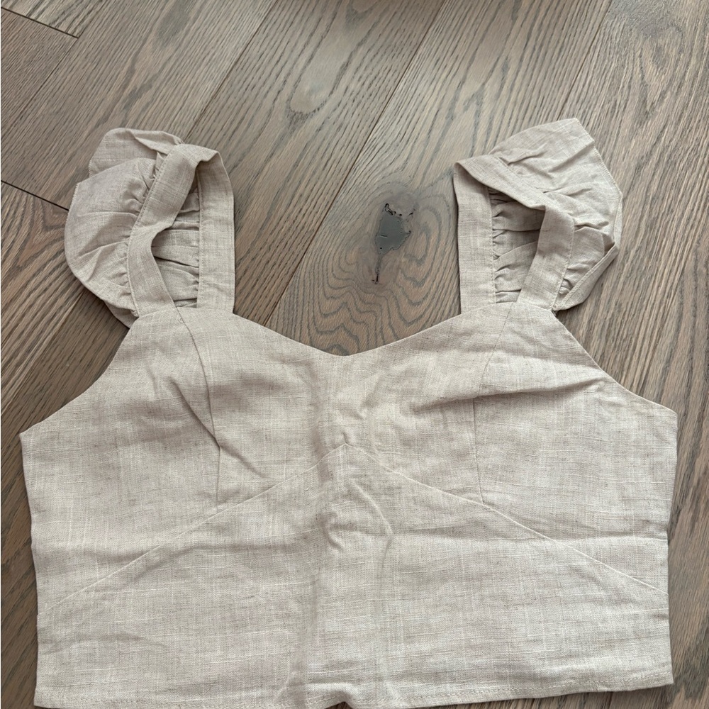 SHEIN Tan Cream Ruffled Crop Tank Top
